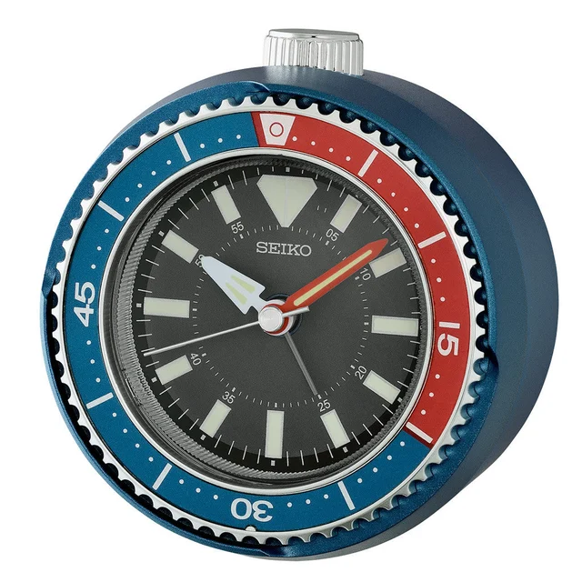Seiko Mai Modern Rotating Bezel Alarm Clock in Metallic Blue and Red #QHE207LLH kol saati