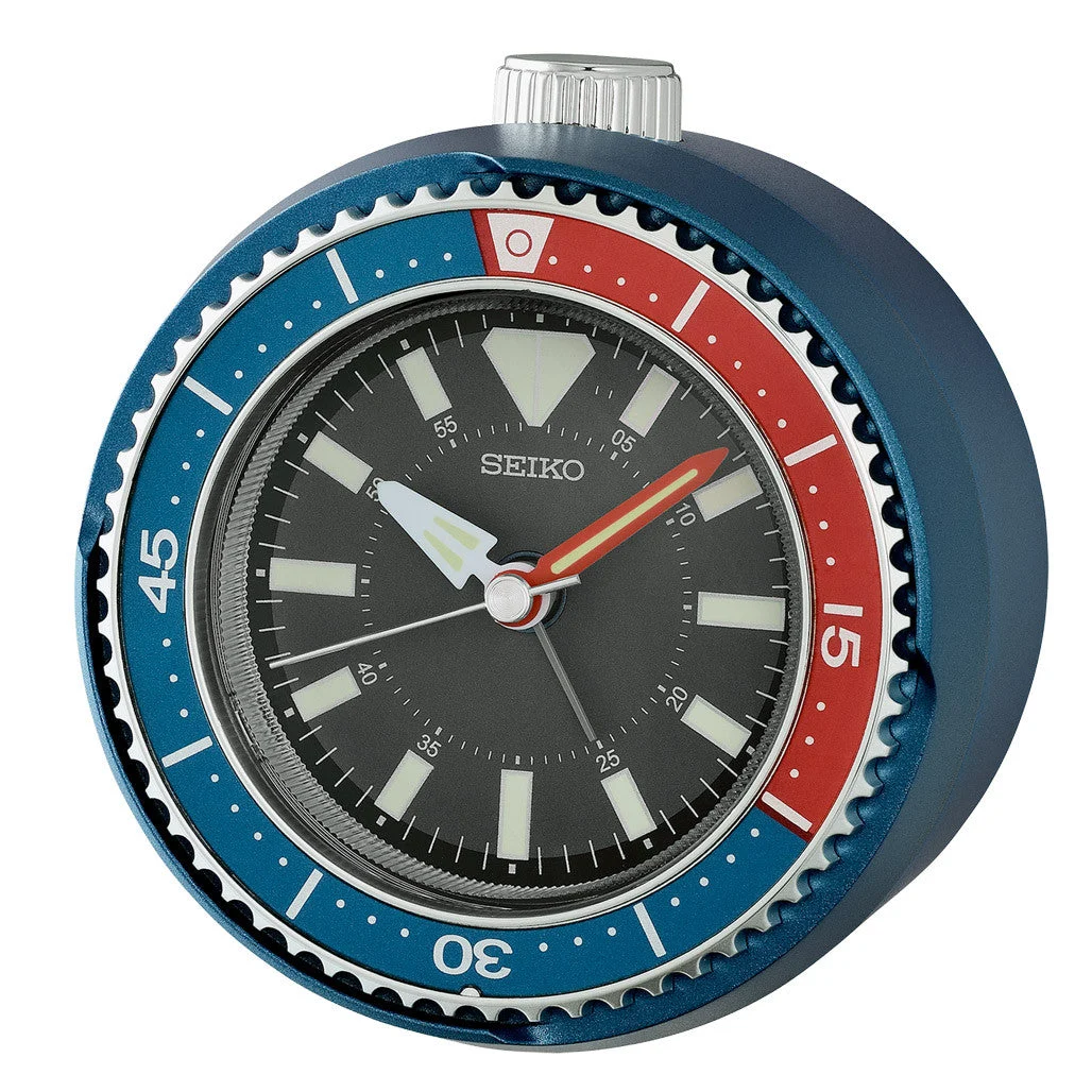 Seiko Mai Modern Rotating Bezel Alarm Clock in Metallic Blue and Red #QHE207LLH kol saati