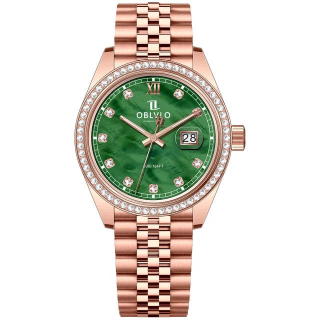 OBLVLO bezel,Rose Gold Steel Strap ,Green Di RX Series,39mm,diamond bezel,Rose Gold Steel