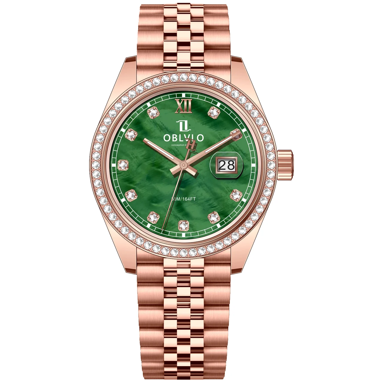 OBLVLO bezel,Rose Gold Steel Strap ,Green Di RX Series,39mm,diamond bezel,Rose Gold Steel Strap ,Green Di 39 mm kol saati