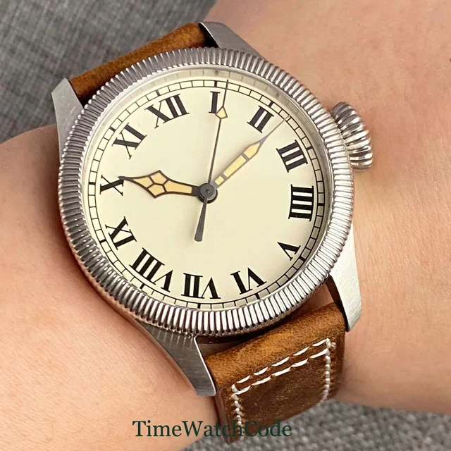 Tandorio Fluted Pilot Watch TD117A 20BAR NH35 PT5000 Roman Numerals Sapphire 39mm 14:94#wh