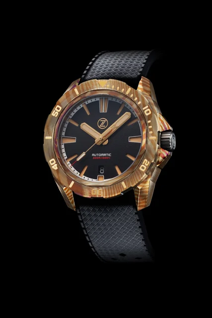 Zelos Swordfish Yellow Ti-Damascus 'Black Sand' kol saati