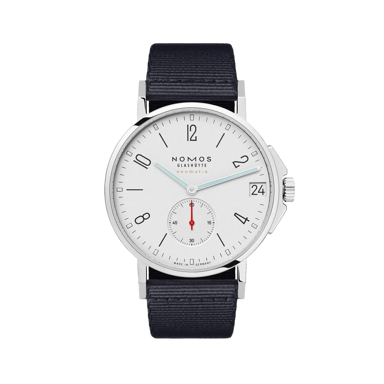 NOMOS Glashütte Ahoi Neomatik Sapphire Back 38mm - White Silver-Plated on Fabric Strap 525 38 mm kol saati