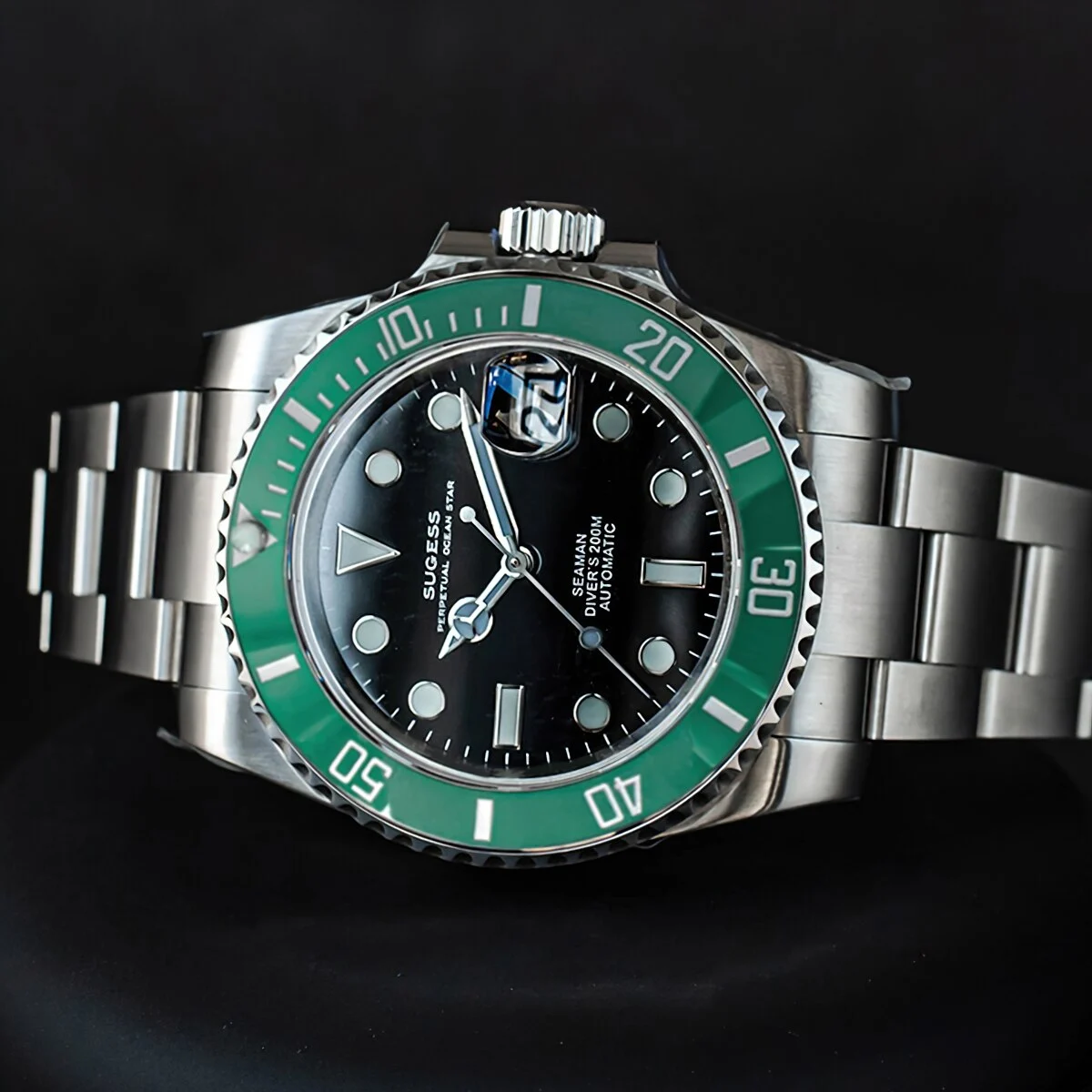 Sugess Green bezel SU126610LV-Black w Green bezel 41 mm kol saati