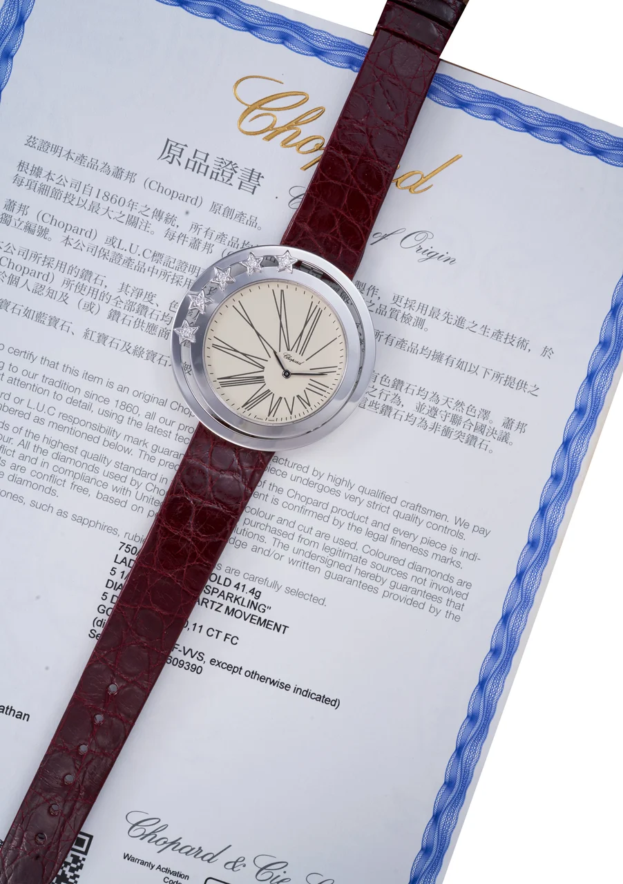 Chopard Ref. 137625-1001-WDLL, beige dial; “Sparkling”; 18K white gold and diamonds (“ ”) kol saati