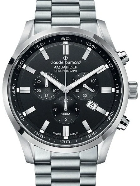 Claude Bernard Aquarider Black Dial Chronograph Dive Watch #10222-3M-NV 44 mm kol saati