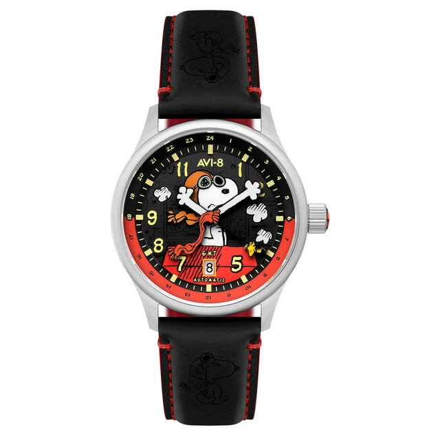AVI-8 Peanuts Snoopy Flying Ace GMT Automatic in Doghouse Red #AV-4136-01 kol saati