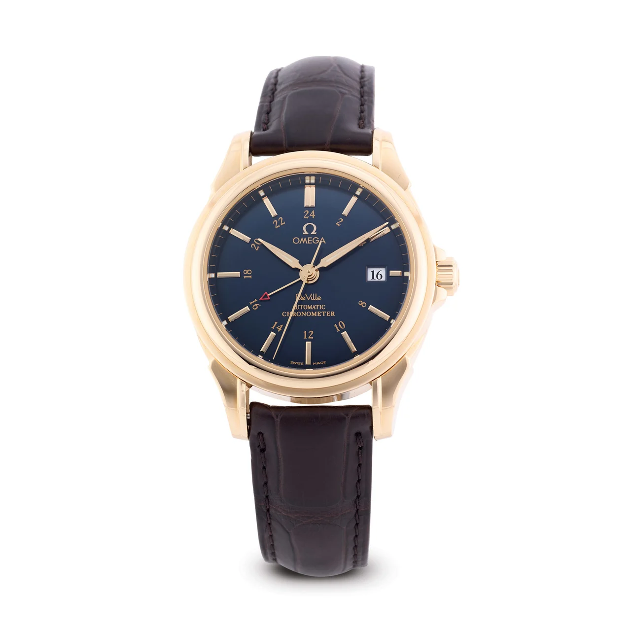 OMEGA OMEGA, REF. 46338033, DEVILLE CO-AXIAL GMT, 18K YELLOW GOLD kol saati