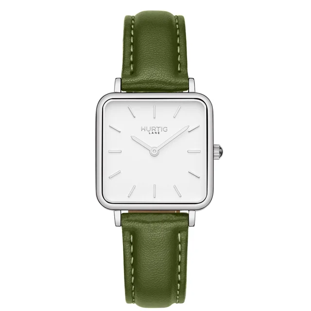 Hurtig Lane Vegan Watches Neliö Square CACTUS Leather Watch Silver, White & Green kol saat
