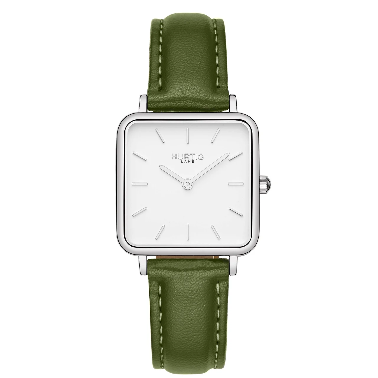 Hurtig Lane Vegan Watches Neliö Square CACTUS Leather Watch Silver, White & Green 29 mm kol saati