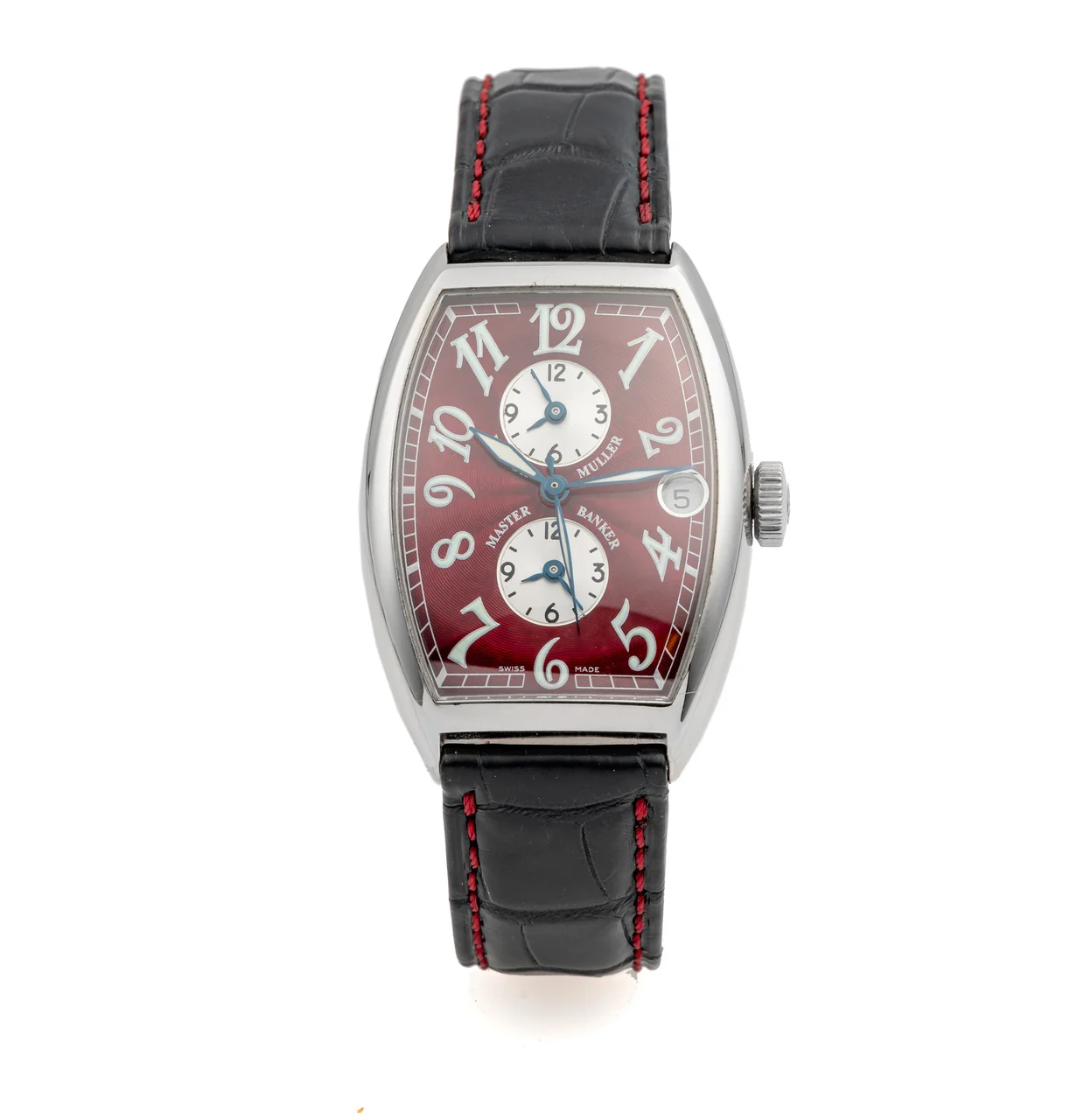 Franck Muller Ref. 5850-MB, self-winding, centre-seconds, date, three-time zone, burgundy enamel dial; “Master Banker”; stainless steel kol saati