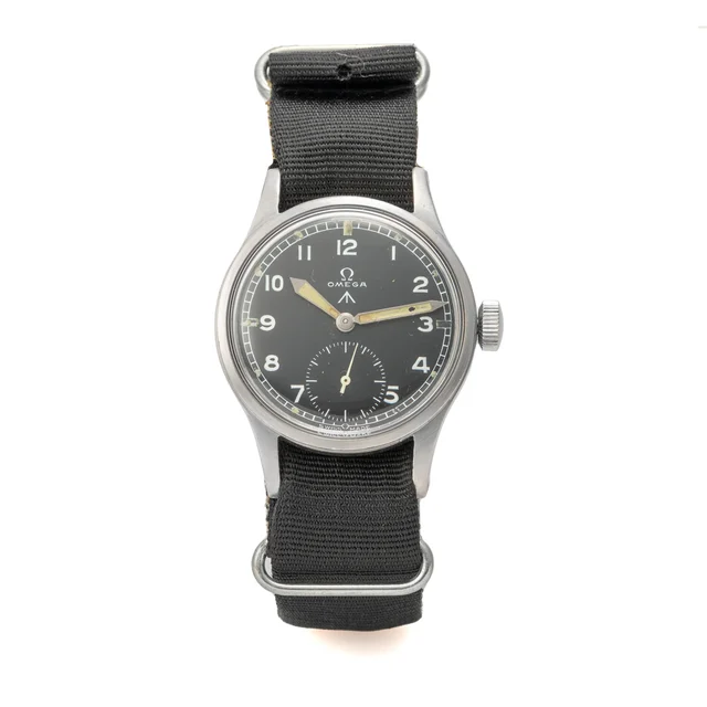OMEGA OMEGA, REF. 2444, BROAD ARROW BRITISH MILITARY, STEEL kol saati