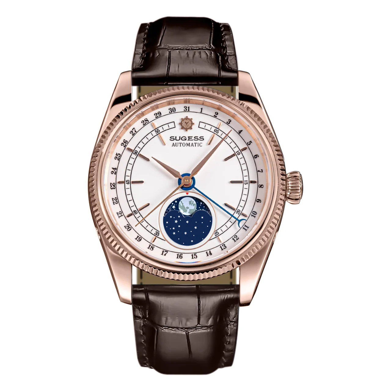 Sugess MoonPhase Master S452 Rose Gold White Dial Brown Strap 40 mm kol saati
