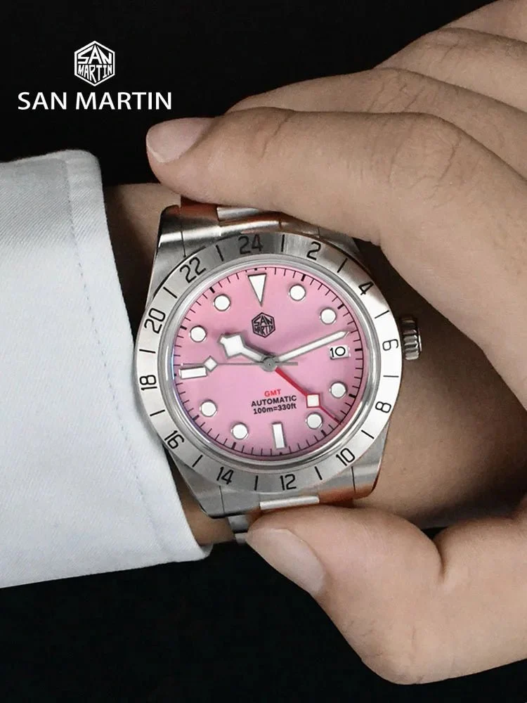 Tandorio San Martin SN0054G GMT Pink Dial BB 39mm NH34 Automatic Watch 10Bar AR Sapphire BGW9 Lume 14:350686#Black NH34;200007763:201336100 39 mm kol saati