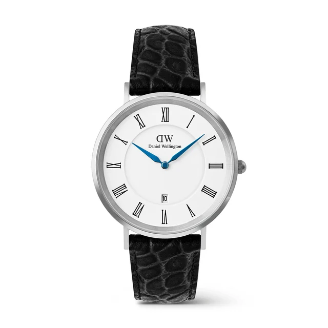 DANIEL WELLINGTON Classic Roman Numerals Date Black Croc Belly Silver DW00100914 kol saati
