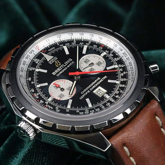 Breitling Chrono-Matic Black Dial Brown Leather Strap Stainl kol saati