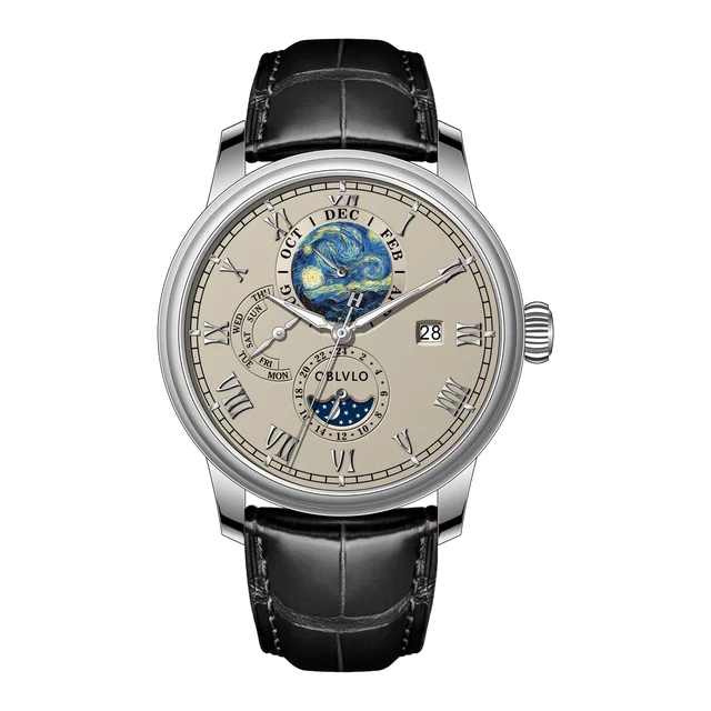 OBLVLO Leather Strap ,Grey Dial AM-FG-YSBL AM Series,42mm,Black Leather Strap ,Grey Dial A