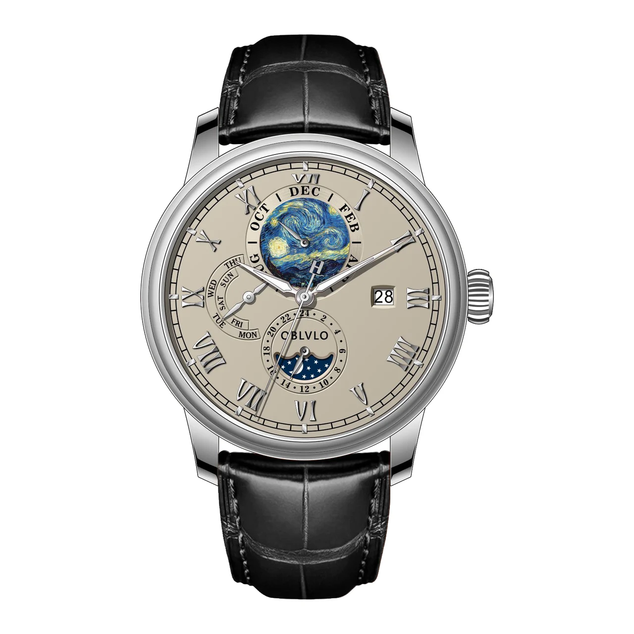 OBLVLO Leather Strap ,Grey Dial AM-FG-YSBL AM Series,42mm,Black Leather Strap ,Grey Dial AM-FG-YSBL 42 mm kol saati