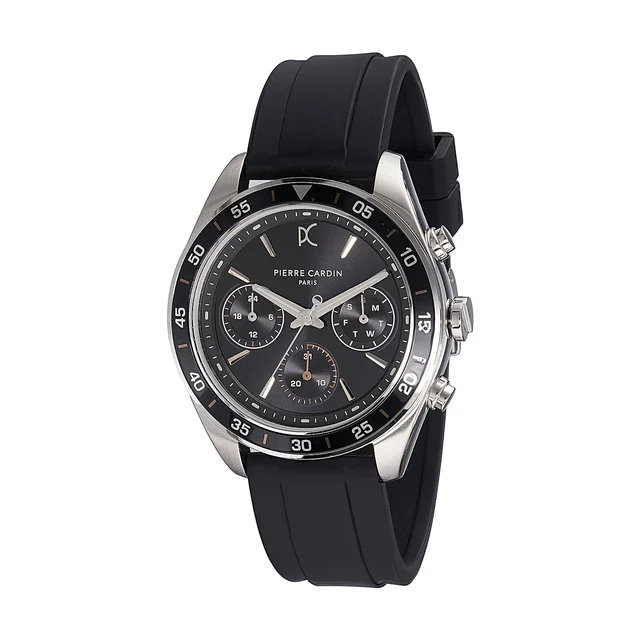 NATION Cristal Men’s 42mm Multifunction Watch - Silver Case, Black Dial, Black Bezel with