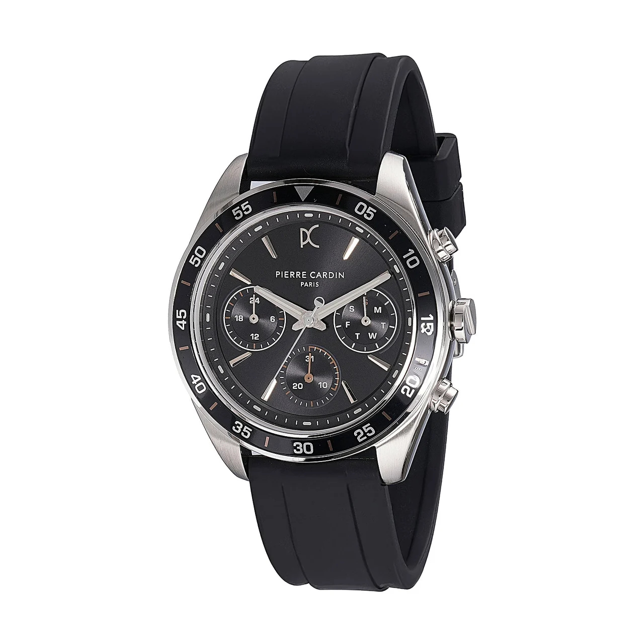 NATION Cristal Men’s 42mm Multifunction Watch - Silver Case, Black Dial, Black Bezel with Black Silicone Strap CF.1004.PB 42 mm kol saati