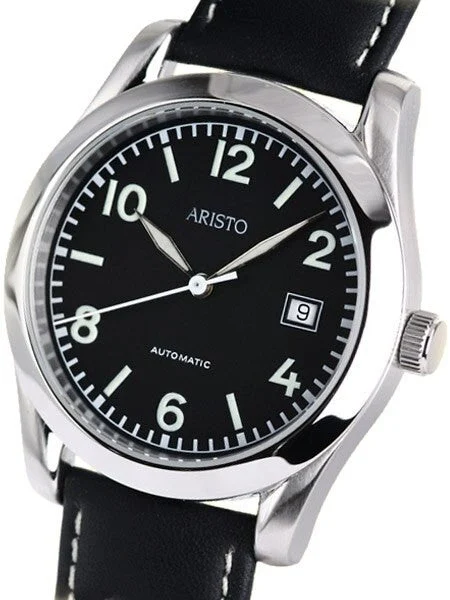 Aristo Black Dial Swiss Automatic Cushion Case Officer's Watch 4H230 kol saati