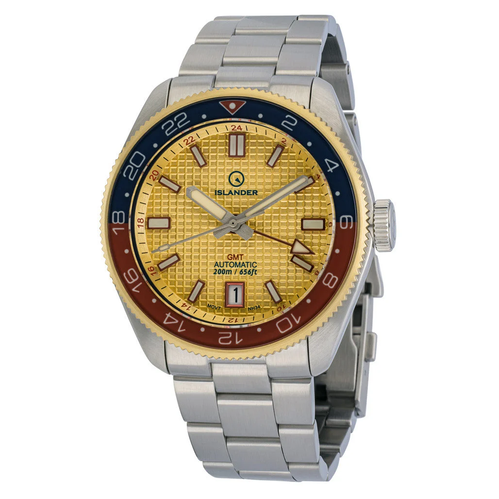 Islander Automatic GMT Dive Watch with Gold Waffle Dial #ISL-225 42 mm kol saati