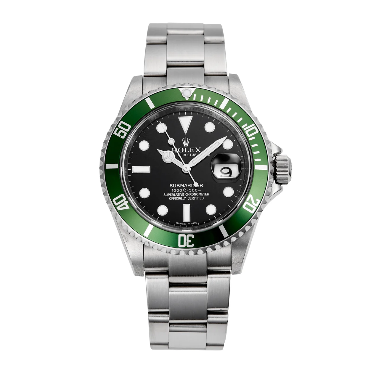 Rolex ROLEX REF. 16610LV SUBMARINER GREEN BEZEL STEEL RETAILED BY SERPICO Y LAINO Fine, center seconds, self-winding, water resistant to 300 m, stainless steel Chronometer diver's wristwatch. 40 mm kol saati