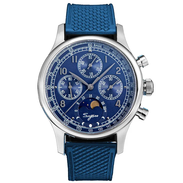 Sugess MoonPhase Master S389-2 Deep Blue Swan Neck Regulator Rubber kol saati