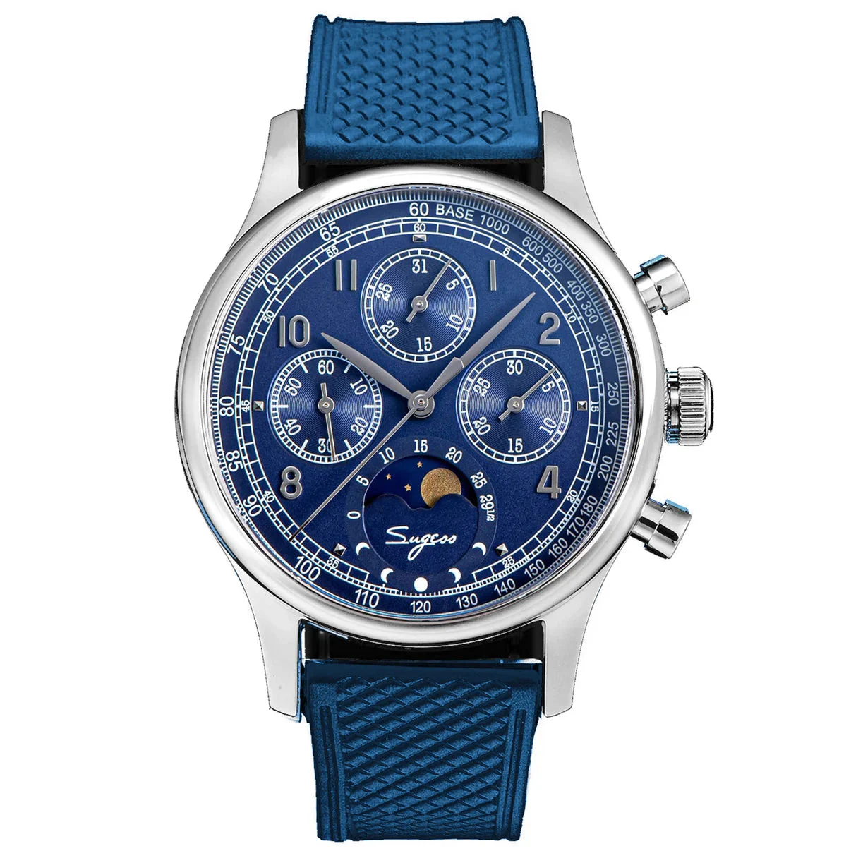 Sugess MoonPhase Master S389-2 Deep Blue Swan Neck Regulator Rubber 41 mm kol saati
