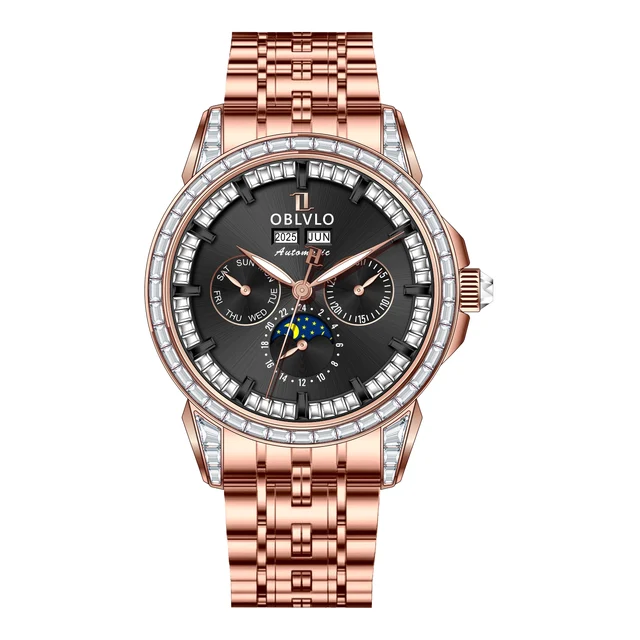 OBLVLO GCM Series,41mm,Rose gold Steel Strap,Diamond Bezel,Black Di kol saati