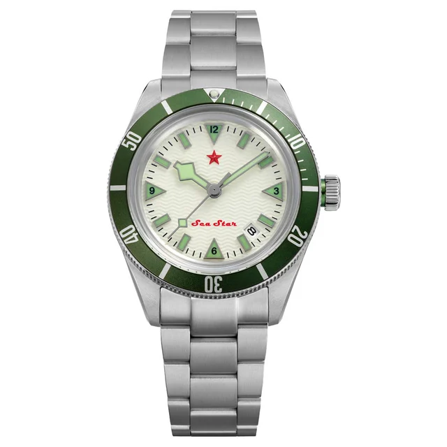 Red Star SEA STAR Watch with Full Lume Dial and Green Bezel #7074G-H kol saati