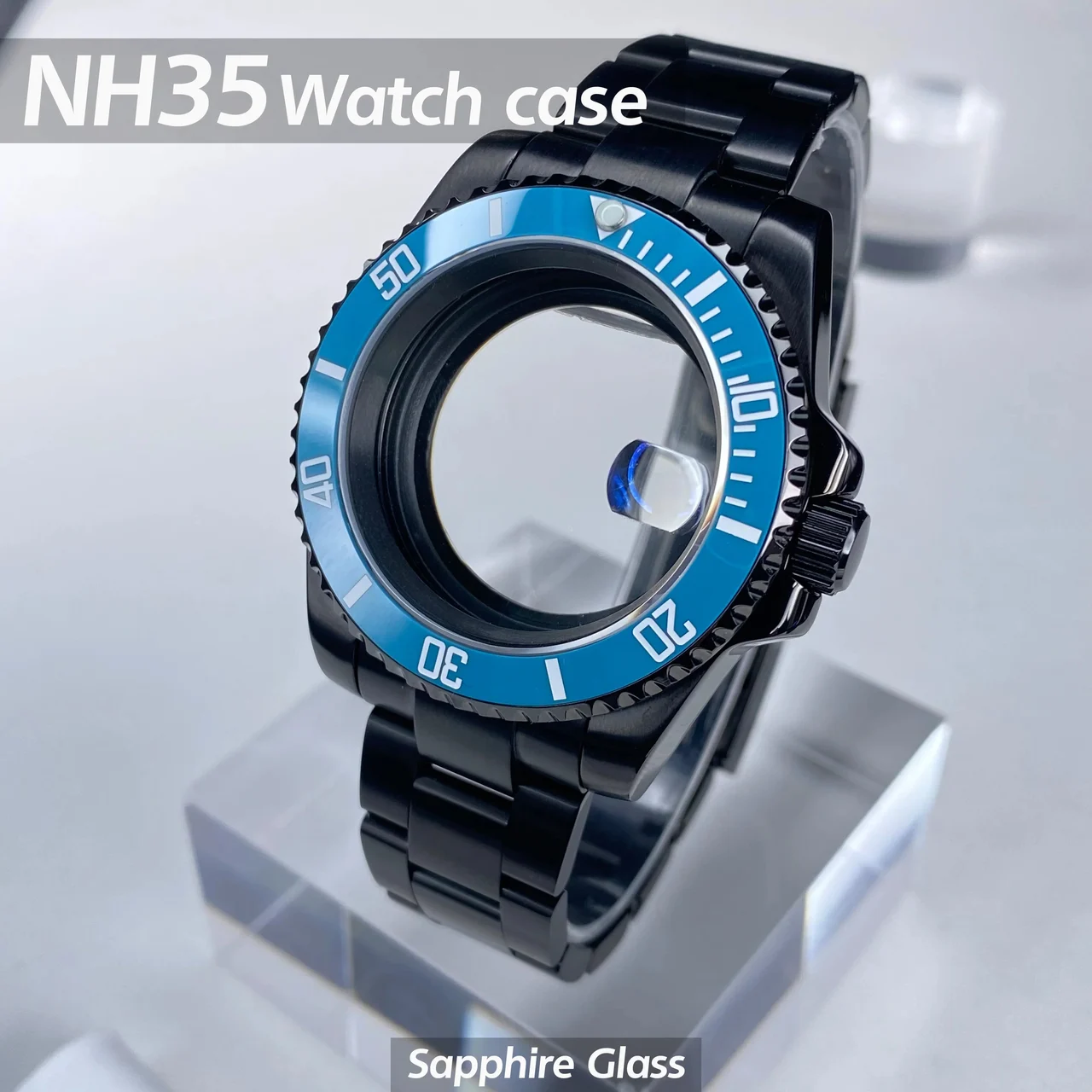 Tandorio PVD black Sub Watch Case 40mm NH35 Stainless Steel Sapphire Glass case Alloy/Ceramic Bezel Reloaded 28.5mm Date Dial Accessories 14:200744745#B SUB Ceramic Bezel;200000046:201718821#Solid back cover 40 mm kol saati