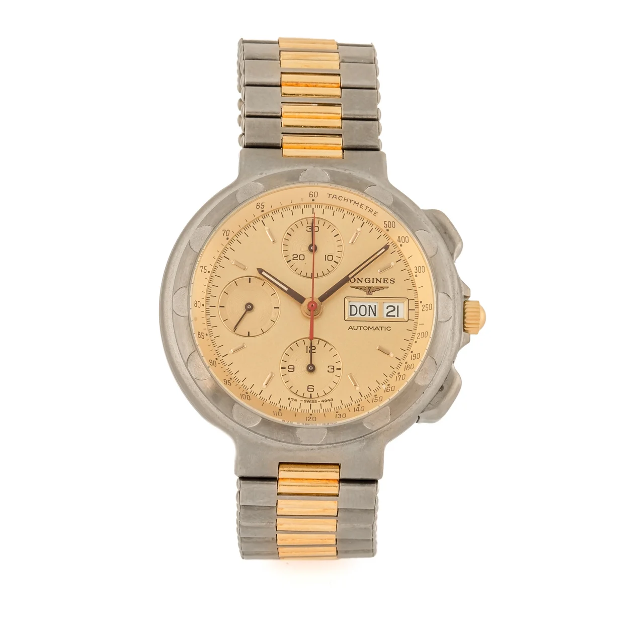 Longines Ref. 674.4943, self-winding, chronograph, minute and hour counters, date, day; “Conquest”; titanium, gilded titanium and stainless steel 40 mm kol saati