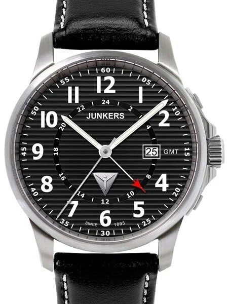 Junkers Tante JU Series GMT Watch with Corrugated Black Dial #6848-2 kol saati