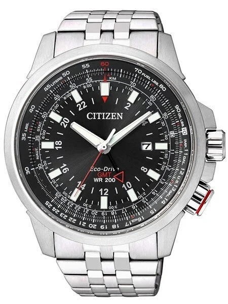 Citizen Eco-Drive Aviator GMT Watch with Inner Slide Rule Bezel #BJ7070-57E kol saati