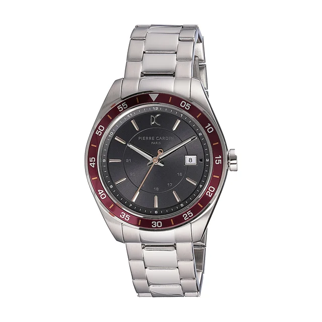 NATION Verre Men’s 42mm Sport Watch - Silver Case, Wine Bezel, Black Dial with Silver Meta
