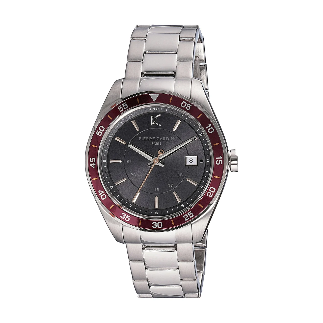 Pierre Cardin Nation Verre Men’s 42mm Sport Watch - Silver Case, Wine Bezel, Black Dial with Silver Metal Strap CF.1003.MS.2 42 mm kol saati