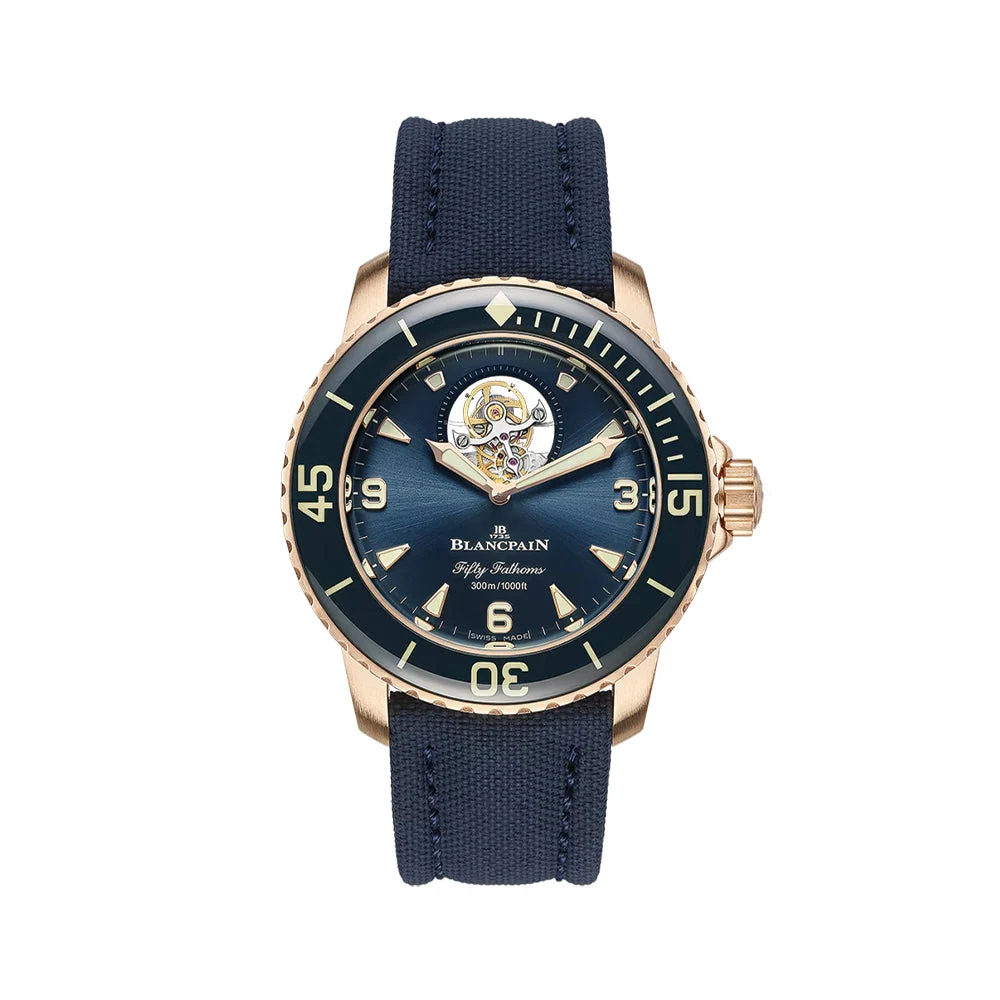 Blancpain Fifty Fathoms Tourbillon 8 Days Red Gold 45mm - Blue on Fabric Strap 5025-36B40-O52B 45 mm kol saati