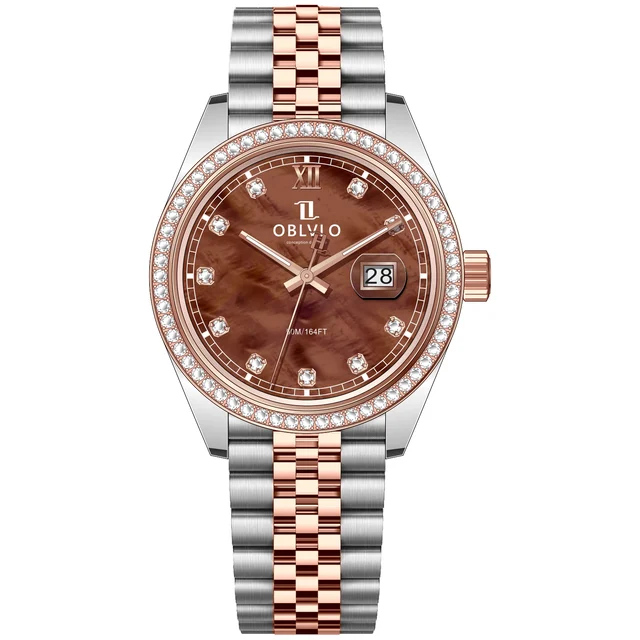 OBLVLO bezel,Rose Gold Steel Strap ,Brown Di RX Series,39mm,diamond bezel,Rose Gold Steel