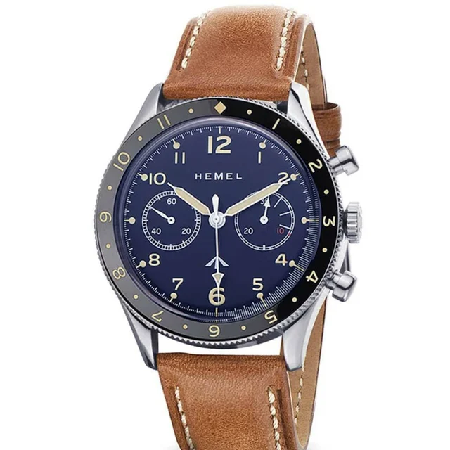 Hemel Blue Mechanical Chronograph Watch with Dual-Time Bezel and DD Sapphire Crystal #HF15