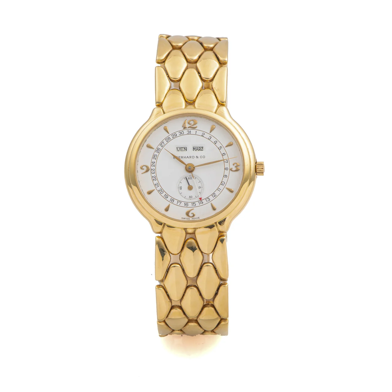 Eberhard Ref. 30042 B, quartz, triple date à guichets (with apertures), white dial, integrated bracelet; 18K yellow gold kol saati