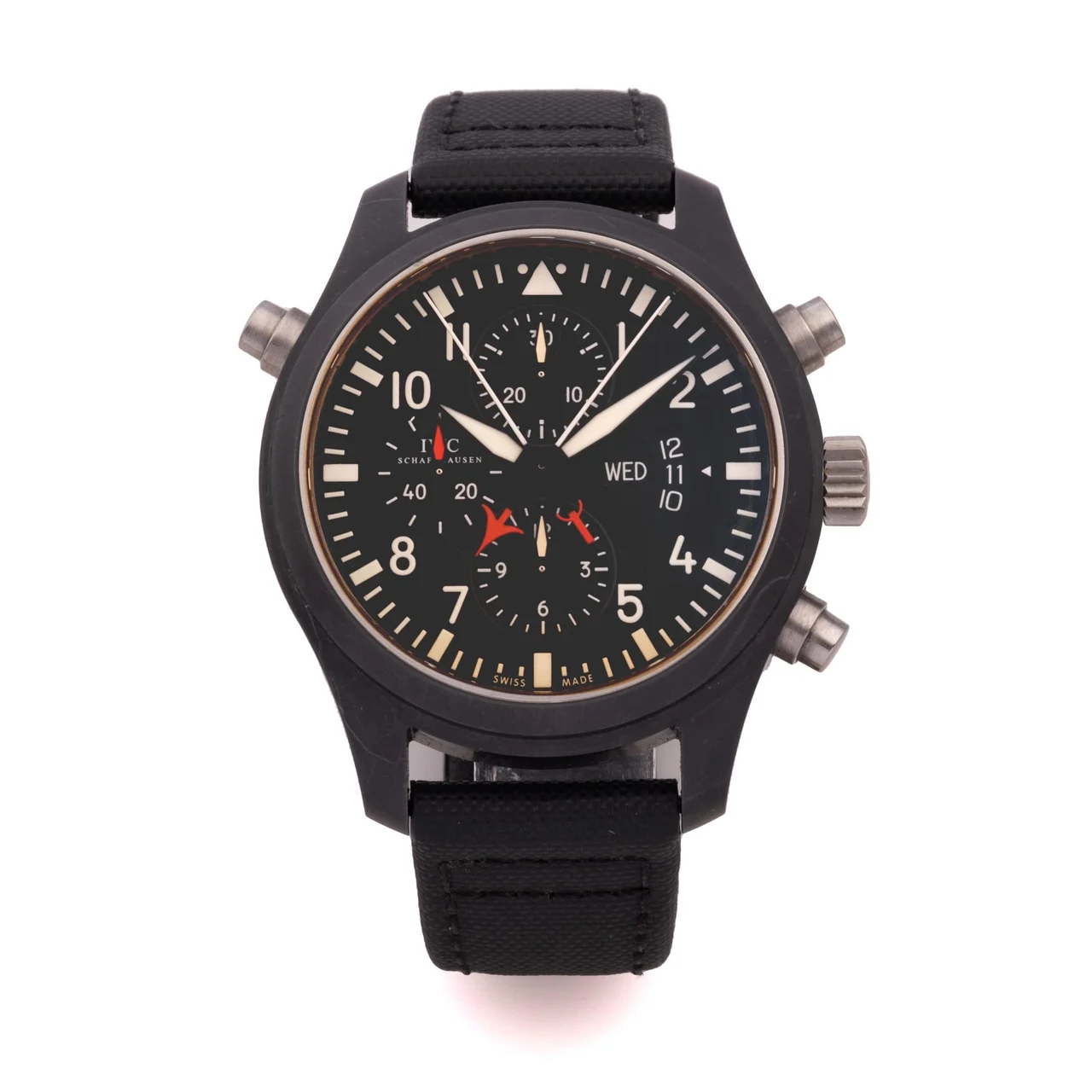 IWC Ref. 3799, split-seconds chronograph, minute and hour recorders, date, day; “Pilot”, “Double Chronograph”; limited edition of 50 pieces made for Carlson, Hong Kong; ceramic and titanium kol saati
