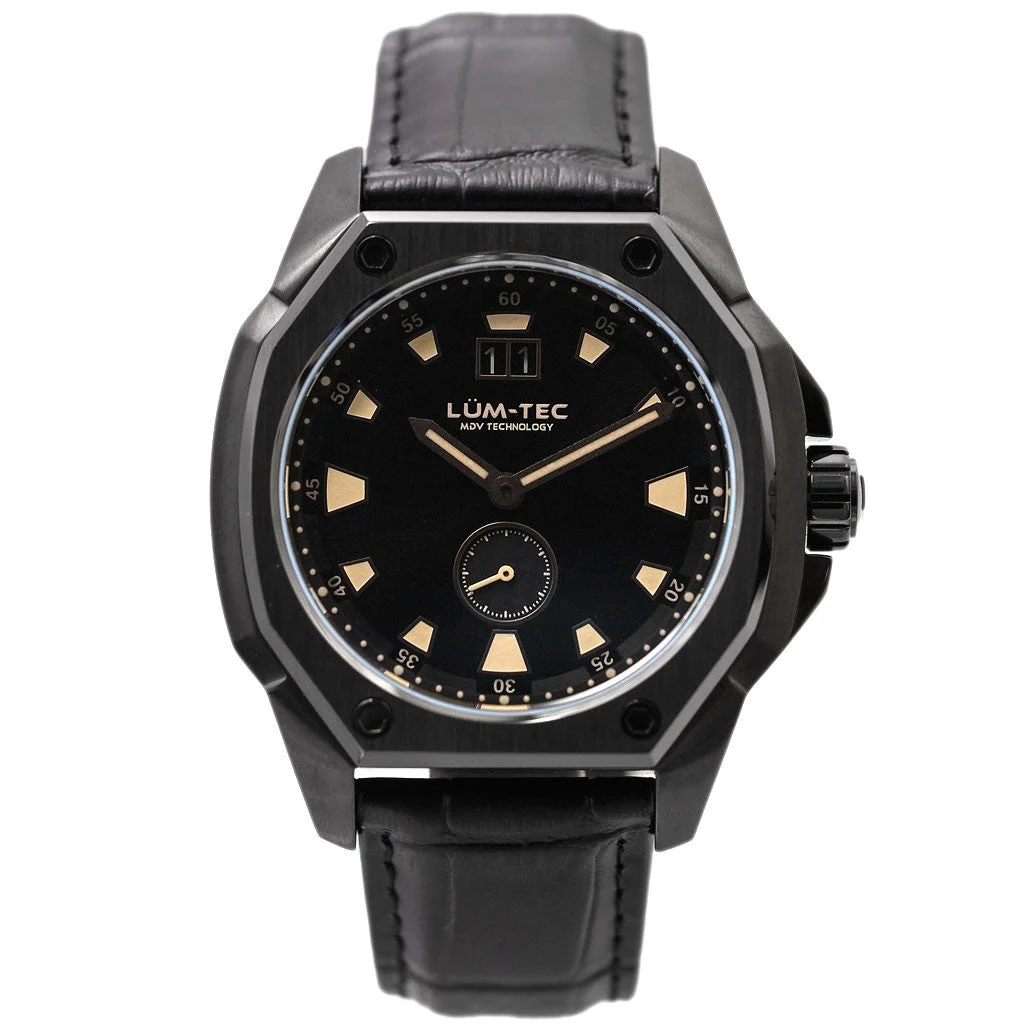 Lum Tec Lum-Tec 44mm Phantom Watch with Black Dial, Big-Date, and Anti-Reflective Sapphire Crystal #V-11 44 mm kol saati