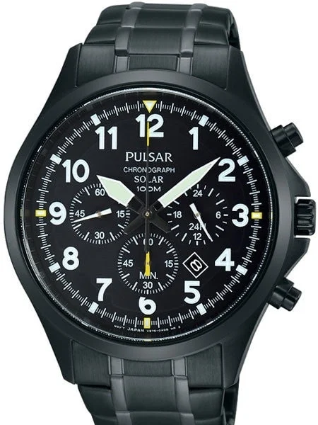 Pulsar Solar Quartz Chronograph Watch with Stopwatch and 24-Hour Sub-Dial #PX5039 kol saat