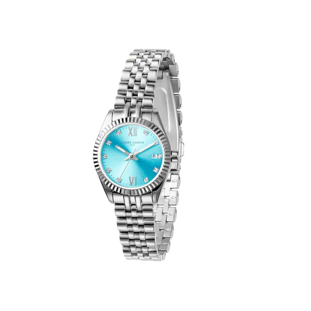OPERA PLISSÉ Opera Stainless Steel Date Watch with Fluted Bezel and Crystals on a Celeste 