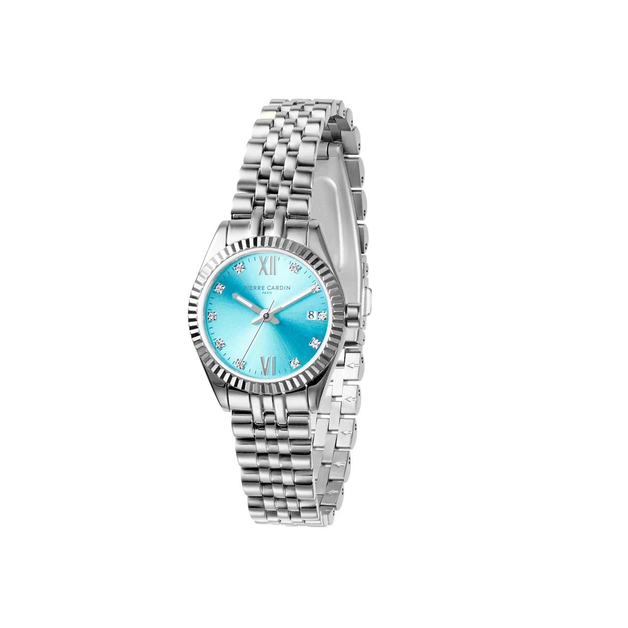 OPERA PLISSÉ Opera Stainless Steel Date Watch with Fluted Bezel and Crystals on a Celeste Blue Dial COP.1009 28 mm kol saati