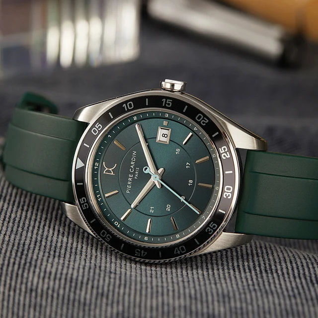 NATION Verre Men’s 42mm Sport Watch - Green Dial, Black Bezel with Green Silicone Strap CF