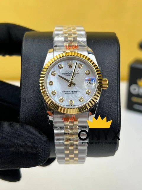 Rolex Date Just Half Gold Mother of Pearl Diamond Dial 31mm kol saati