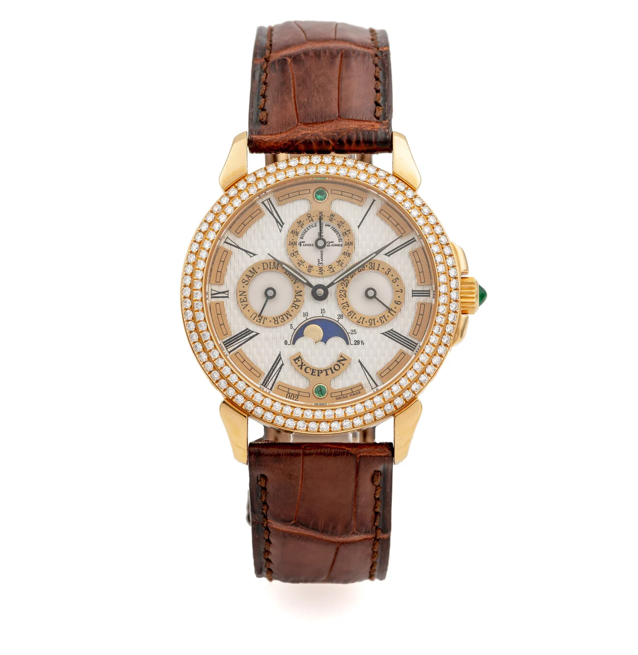 Exception Ref. 004 / B, self-winding, bissextile perpetual calendar, moon phases; limited edition of 10 examples; 18K yellow gold, diamonds, emeralds and enamel kol saati