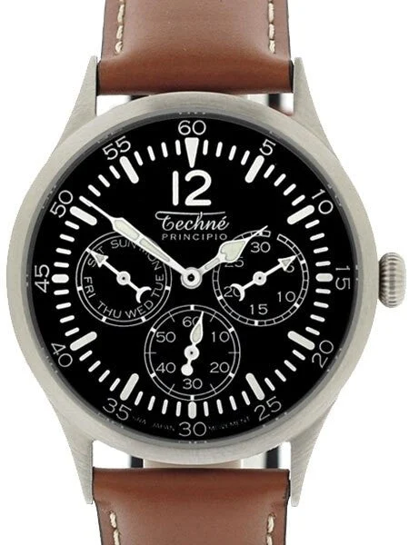 Techne Merlin Quartz Aviator Watch with Day and Date Sub-Dials and Small Seconds #280.053 38 mm kol saati